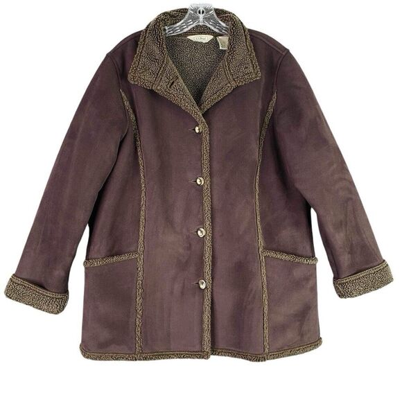LL Bean Jacket Women’s Faux Suede Sherpa Lined Coat Brown Size Large L Button - Picture 2 of 9